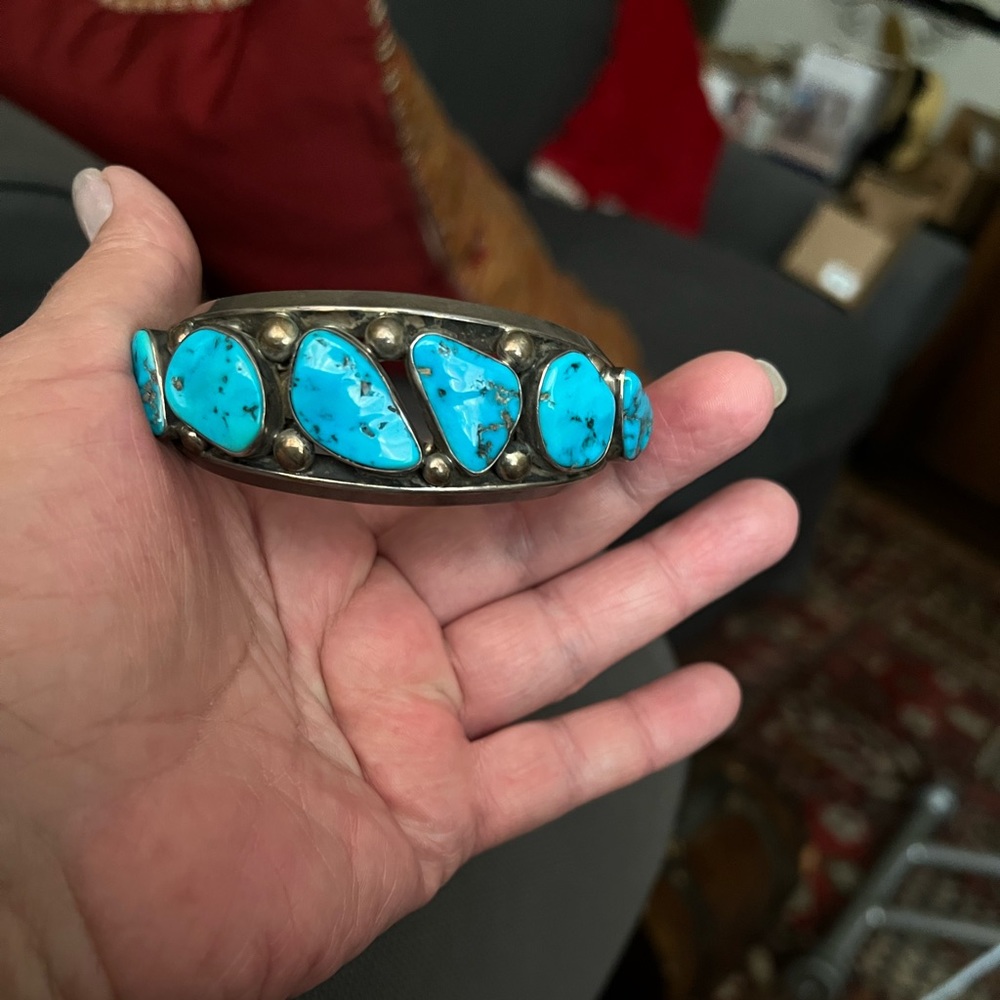 COPY - Vintage men's sterling silver and Kingman turquoise bracelet. Heavy high…
